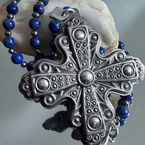 Maltese Cross Sterling Silver 30" Lapis Lazuli Necklace 925 Tahitian Pearls
